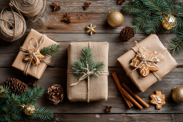 top view flat lay Christmas composition, craft paper gift boxes tied with twine, fir branches, cinnamon sticks, gingerbread cookies, golden ornaments, wooden background