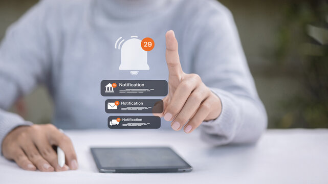 Hand Using Tablet With Virtual Notification Interface For Business Alerts