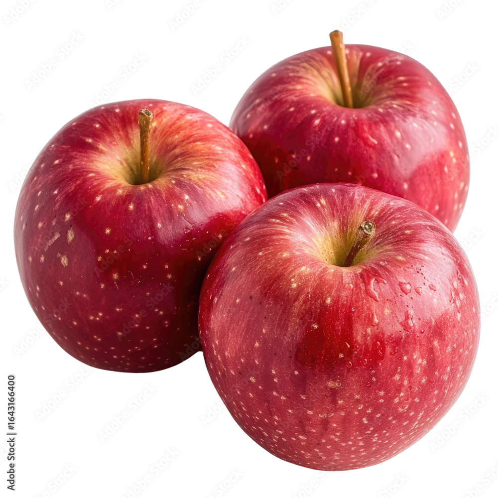 Poster three red apples with shiny skin and small dots clustered together. background removed
