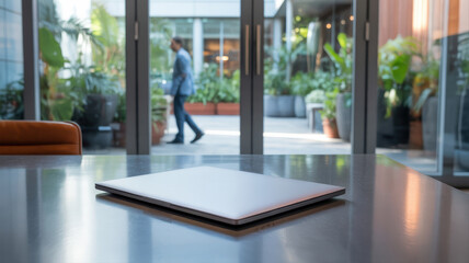 Closed laptop on a modern metal table in an office setting