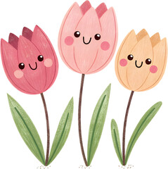 Adorable illustration of three happy tulips with sweet smiling faces, in shades of pink and peach, on green stems. 