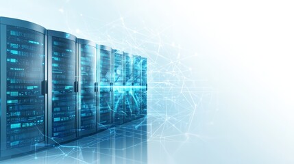Servers with glowing blue and white lines visualizing data flow network connectivity modern technology in centers