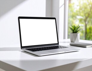 Fototapeta premium Clean Modern Workspace: Laptop with Blank Screen, Potted Plant, and Notebook on White Desk