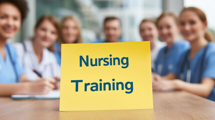 Group of nurses attending nursing training seminar in hospital lecture hall for professional healthcare development, safety procedures, and patient care practices