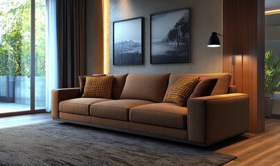 Fototapeta premium Interior of a modern living room with a sofa, captured in 3D rendering, to highlight modern design trends and furniture placement, Generative AI