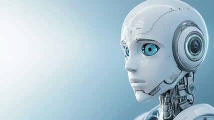 Obraz premium Robot with headphones immersed in futuristic music and sound technology