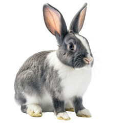 Obraz premium Adorable grey and white rabbit sitting, showcasing fluffy fur and long ears. background removed