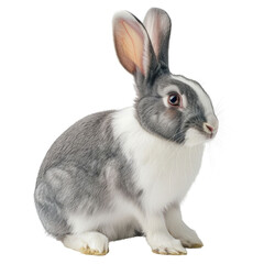 Obraz premium Adorable grey and white rabbit sitting, showcasing soft fur and long ears. background removed