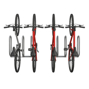Top view of parked bicycles in bike rack isolated on transparent background, architectural material