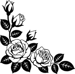 Black and white rose corner design with buds and leaves flower leaf