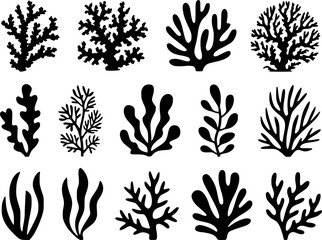 Black coral and seaweed silhouettes marine ocean