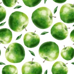 Watercolor green apples seamless pattern on white background