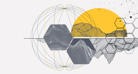 Abstract wireframe background. Modern science or technology art elements. Surface illustration inside circles