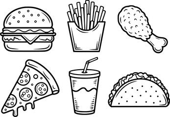 Burger fries chicken pizza drink taco collection vector