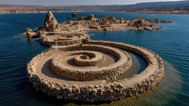 Spiral stone path on island in lake.  Aerial view