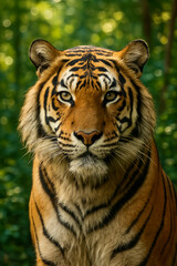 A stunning portrait of a tiger, showcasing its striking orange and black stripes and intense gaze. The lush green background enhances the natural beauty of this majestic creature. 