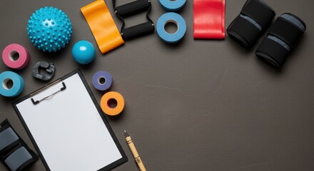 Gray surface displaying exercise and therapy tools