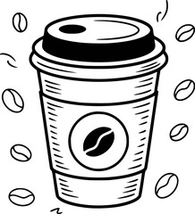 Hot coffee cup with beans and steam beverage drink