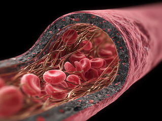 Close-up view of blood vessels showing red blood cells.
