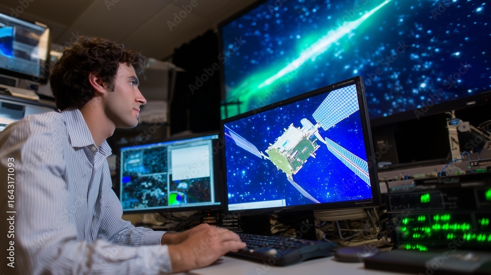 Poster engineer works at computer monitoring satellite simulation in a high-tech control room during evenin
