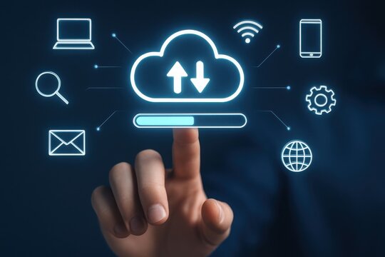 Digital cloud computing and data transfer with a finger touching a progress bar