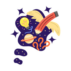 Creative Imagination Concept with Pencils, Light Bulbs, and Outer Space Elements. Featuring a flying pencil with wings, a glowing light bulb, the planet Saturn, and a question mark.