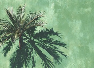 Obraz premium High-angle view of a palm tree casting a shadow on a light teal-green surface