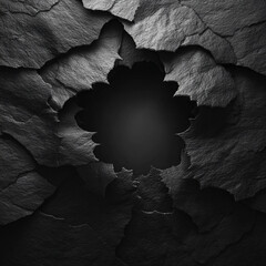 Dark abstract background with a ragged hole in the center. Modern texture for presentation or banner design. Rough black wallpaper for a futuristic backdrop surface.