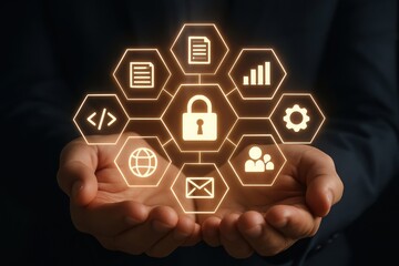 Hands holding glowing digital security network with padlock and data icons
