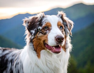A happy Aussie dog in a mountain vista