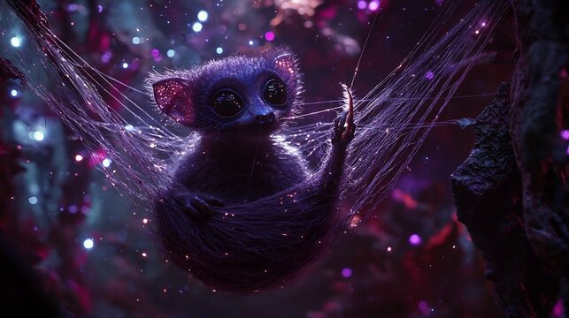Aye aye wrapped in strands of cosmic light suspended between dimensions its finger unraveling the threads of reality itself