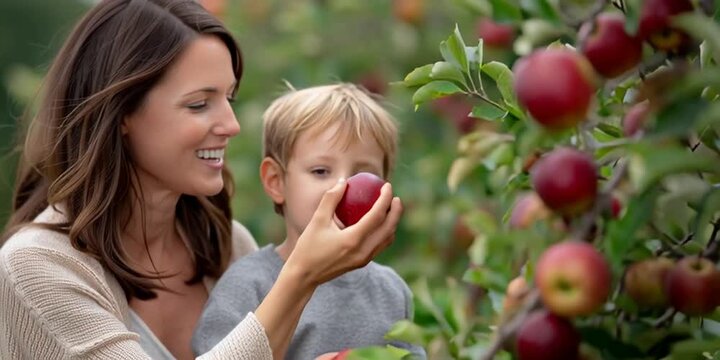 Mom picking apples at apple orchard with her son - parenting and spending time with fresh organic fruit