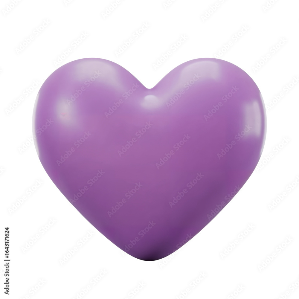 Poster a single smooth glossy purple heart shape with subtle shading and highlights isolated on transparent