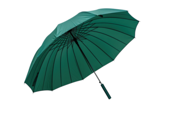 A teal umbrella with a black handle floats against a muted transparent background. background removed