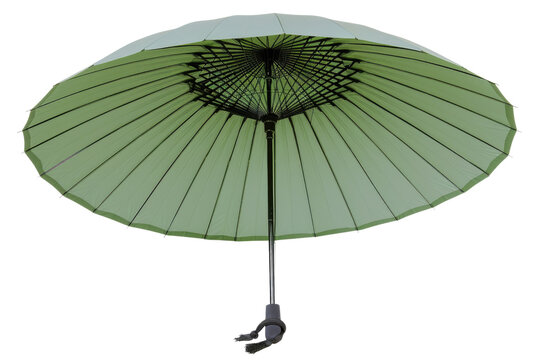 A pale green Japanese-style umbrella, viewed from below, showcasing its intricate design and delicate fabric. background removed