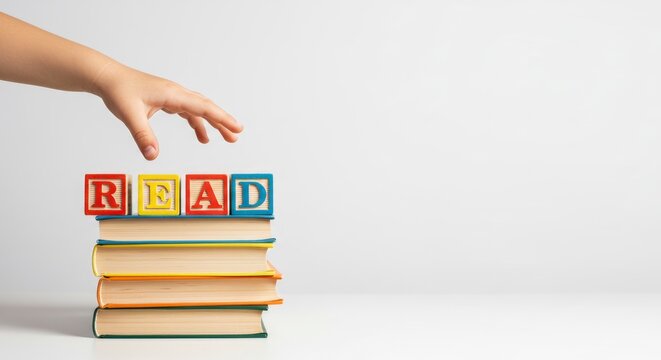 A childs hand reaches for blocks spelling READ atop a book stack