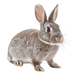 Fototapeta premium Adorable grey rabbit, sitting, facing right, isolated on transparent background. background removed