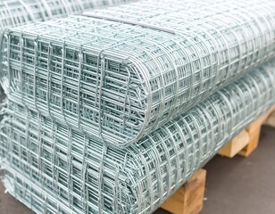 Metal mesh fencing rolls on wooden pallets