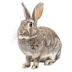 Obraz premium Adorable gray rabbit sitting, fluffy fur, alert expression, png image. background removed