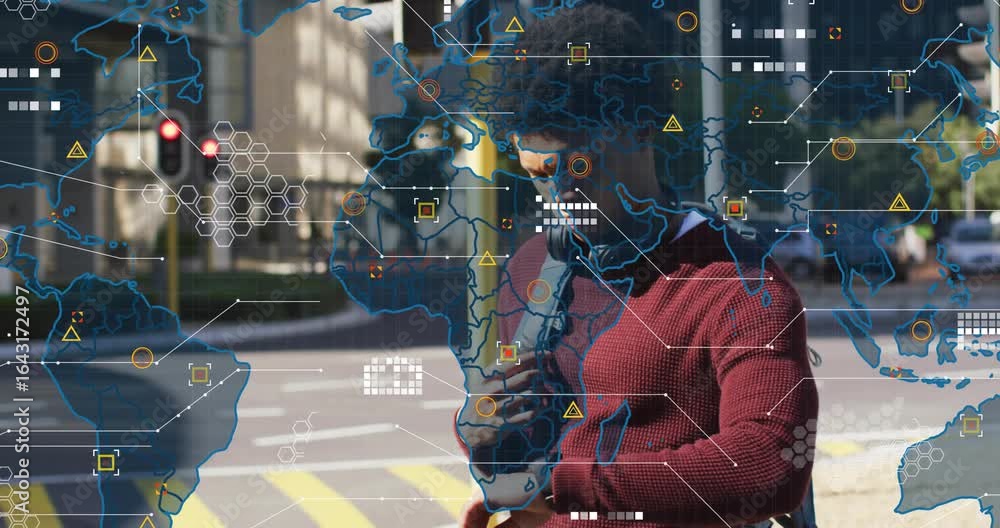 Poster man tapping smartwatch at city crosswalk activating holographic tech map and checking network data
