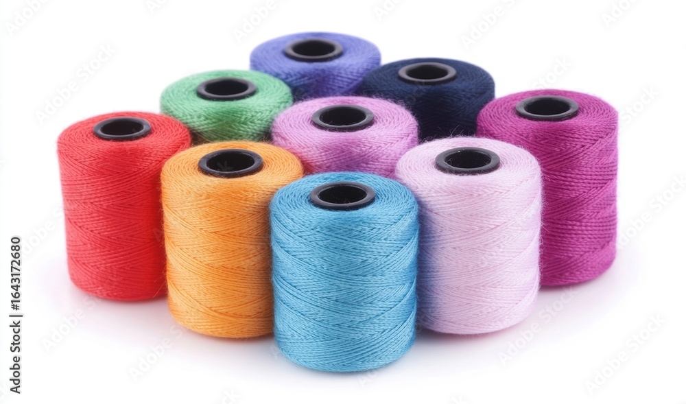 Poster colorful spools of thread arranged in a vibrant display for crafting projects