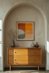 Wooden dresser with rounded corners and an art poster on a beige stucco wall, capturing Scandinavian home interior design in a modern living room, Generative AI