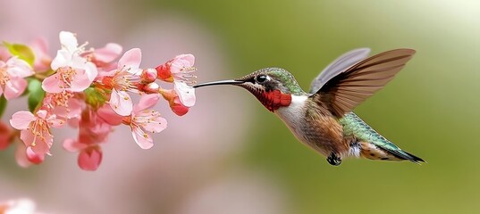 Fototapeta premium Ruby Throat Hummingbird Gracefully Feeding on Vibrant Pink Blossoms in a Lush Spring Garden Scene