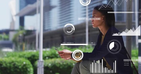 Businesswoman unlocking phone on bench and analyzing business data with moving bar charts - Powered by Adobe