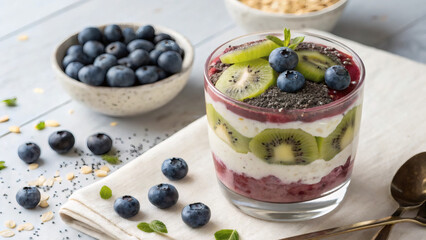 layered with creamy yogurt, fresh blueberries, sliced kiwi, and chia seeds, styled on a white wooden table with soft daylight.