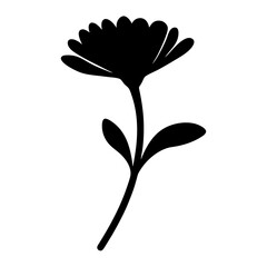 Black and White Silhouette of a Simple Daisy Flower with Stem and Leaves