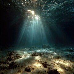 Underwater sunbeams illuminate ocean floor