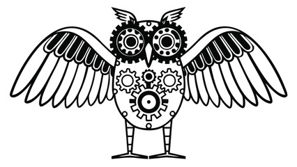 A mechanical owl with gears for eyes and body and open wings in black and white