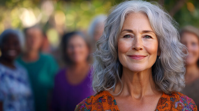 Confident Senior Woman Smiling with Supportive Community