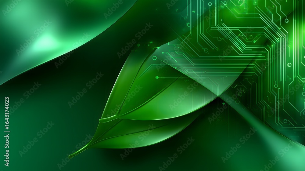 Poster eco-technology concept background with abstract leaf pattern and green circuit board